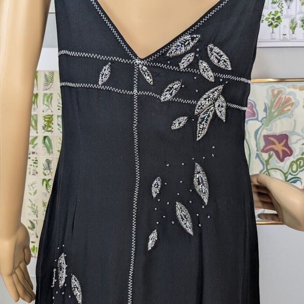 Vintage 90s y2k Sue Wong Silk Midi Dress Silver Beaded Dark Fairycore Size 6 - Picture 10 of 12